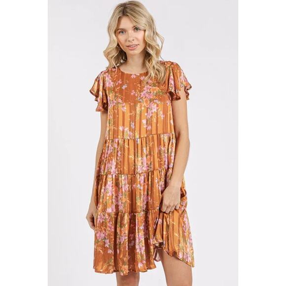 Mittoshop Flower Print Round Neck Flutter Sleeve Tiered Dress